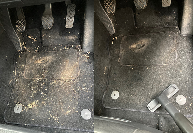 Cleaning results of the Henry Cordless upholstery brush on car mats.